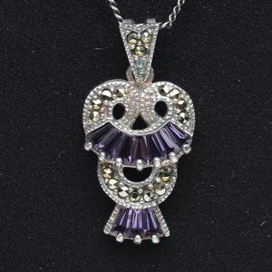 Amethyst Marcasite and Silver Pendant Owl Necklace